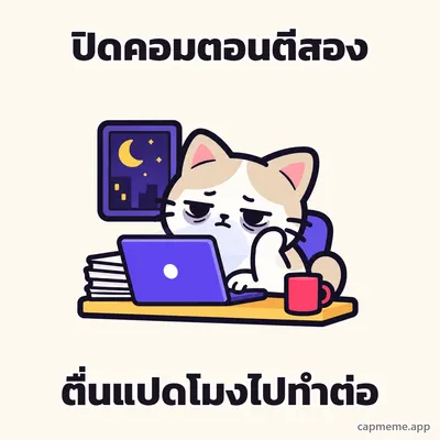 แมวนั่งหน้าโน้ตบุ๊กตอนกลางคืน มีแก้วกาแฟวางข้างๆ พร้อมข้อความว่า ปิดคอมตอนตีสอง ตื่นแปดโมงไปทำต่อ
