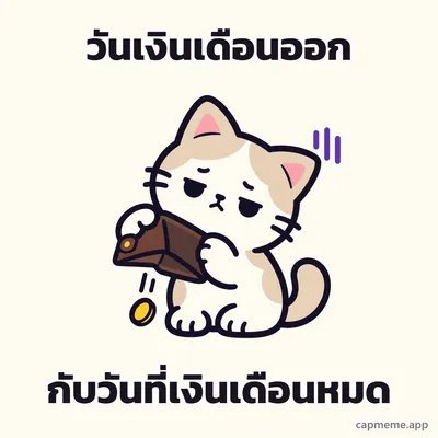 แมวถือกระเป๋าสตางค์เปล่าคว่ำลง มีเหรียญร่วงออกมาหนึ่งเหรียญ พร้อมข้อความว่า วันเงินเดือนออก กับวันที่เงินเดือนหมด