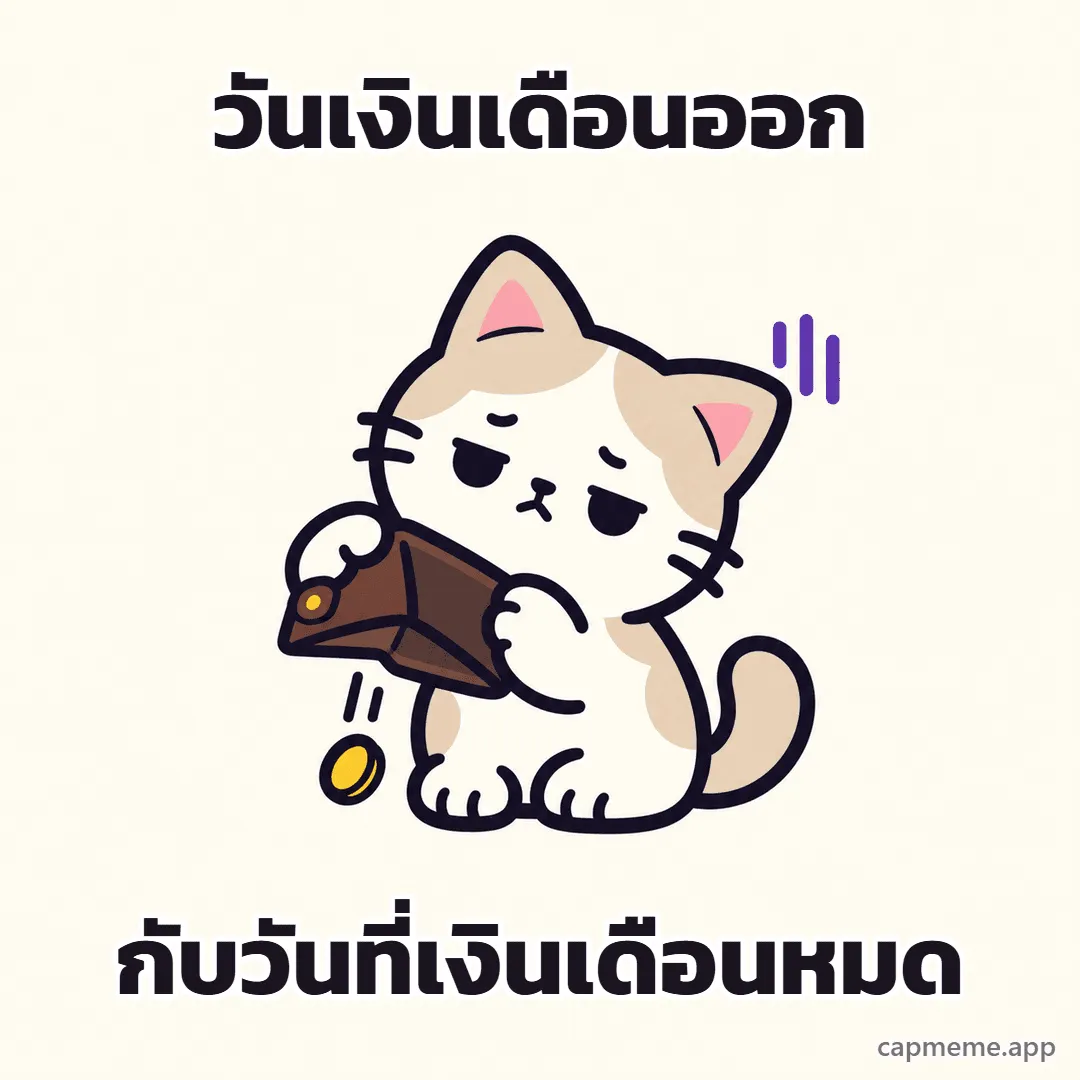 แมวถือกระเป๋าสตางค์เปล่าคว่ำลง มีเหรียญร่วงออกมาหนึ่งเหรียญ พร้อมข้อความว่า วันเงินเดือนออก กับวันที่เงินเดือนหมด