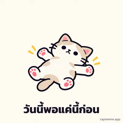 แมวนอนแผ่หงายกางสี่ขา พร้อมข้อความว่า วันนี้พอแค่นี้ก่อน