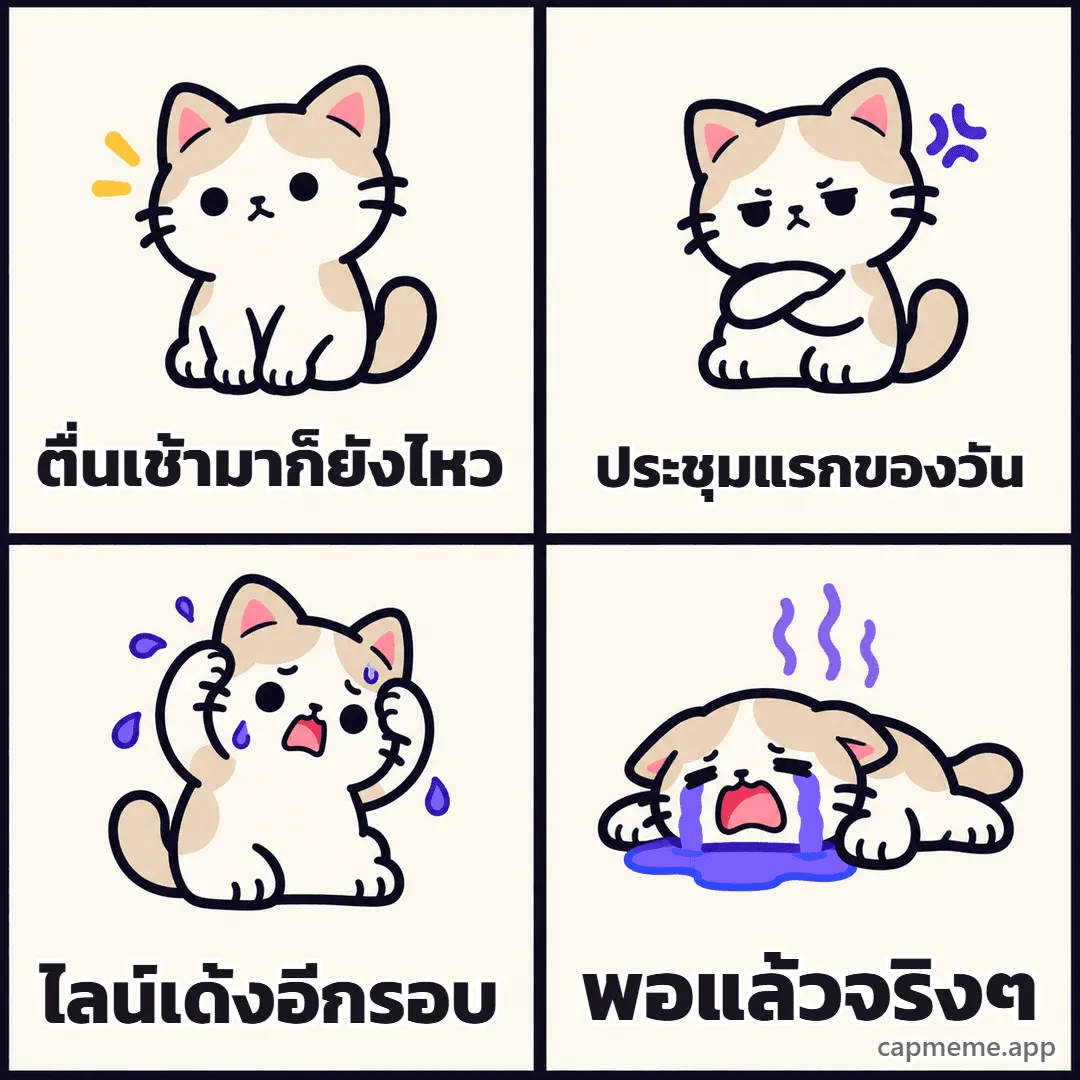 มีมสี่ช่อง แมวเสียอาการทีละขั้นจากปกติ เป็นหงุดหงิด เครียด แล้วร้องไห้ พร้อมข้อความว่า ตื่นเช้ามาก็ยังไหว ประชุมแรกของวัน ไลน์เด้งอีกรอบ พอแล้วจริงๆ