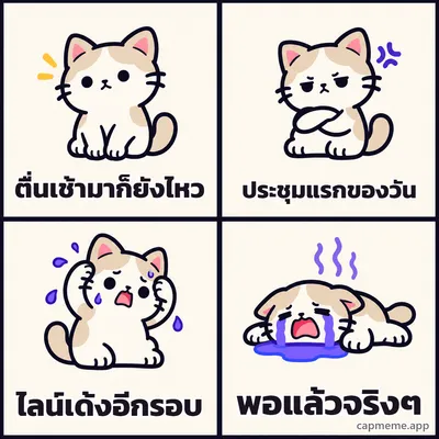 มีมสี่ช่อง แมวเสียอาการทีละขั้นจากปกติ เป็นหงุดหงิด เครียด แล้วร้องไห้ พร้อมข้อความว่า ตื่นเช้ามาก็ยังไหว ประชุมแรกของวัน ไลน์เด้งอีกรอบ พอแล้วจริงๆ