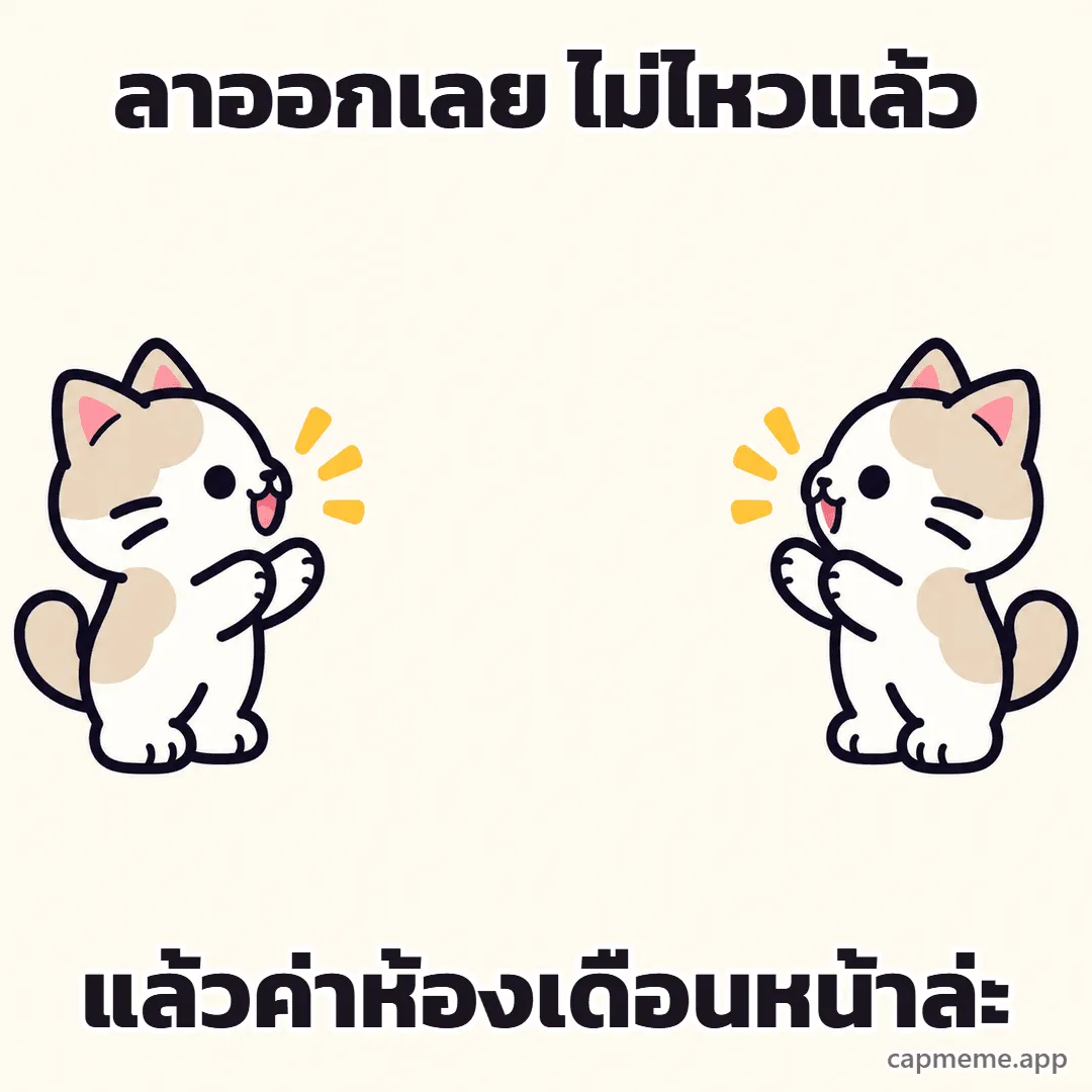 แมวสองตัวหันหน้าเข้าหากันคนละฝั่ง พร้อมข้อความว่า ลาออกเลย ไม่ไหวแล้ว แล้วค่าห้องเดือนหน้าล่ะ