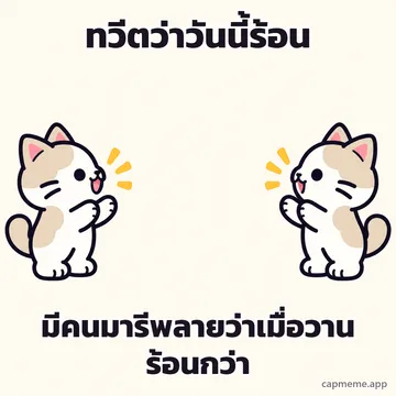 แมวสองตัวหันหน้าเข้าหากันคนละฝั่ง พร้อมข้อความว่า ทวีตว่าวันนี้ร้อน มีคนมารีพลายว่าเมื่อวานร้อนกว่า