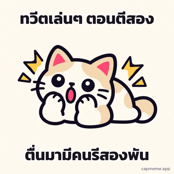 แมวหมอบเอาสองอุ้งเท้าปิดปาก ตาเบิกโต พร้อมข้อความว่า ทวีตเล่นๆ ตอนตีสอง ตื่นมามีคนรีสองพัน