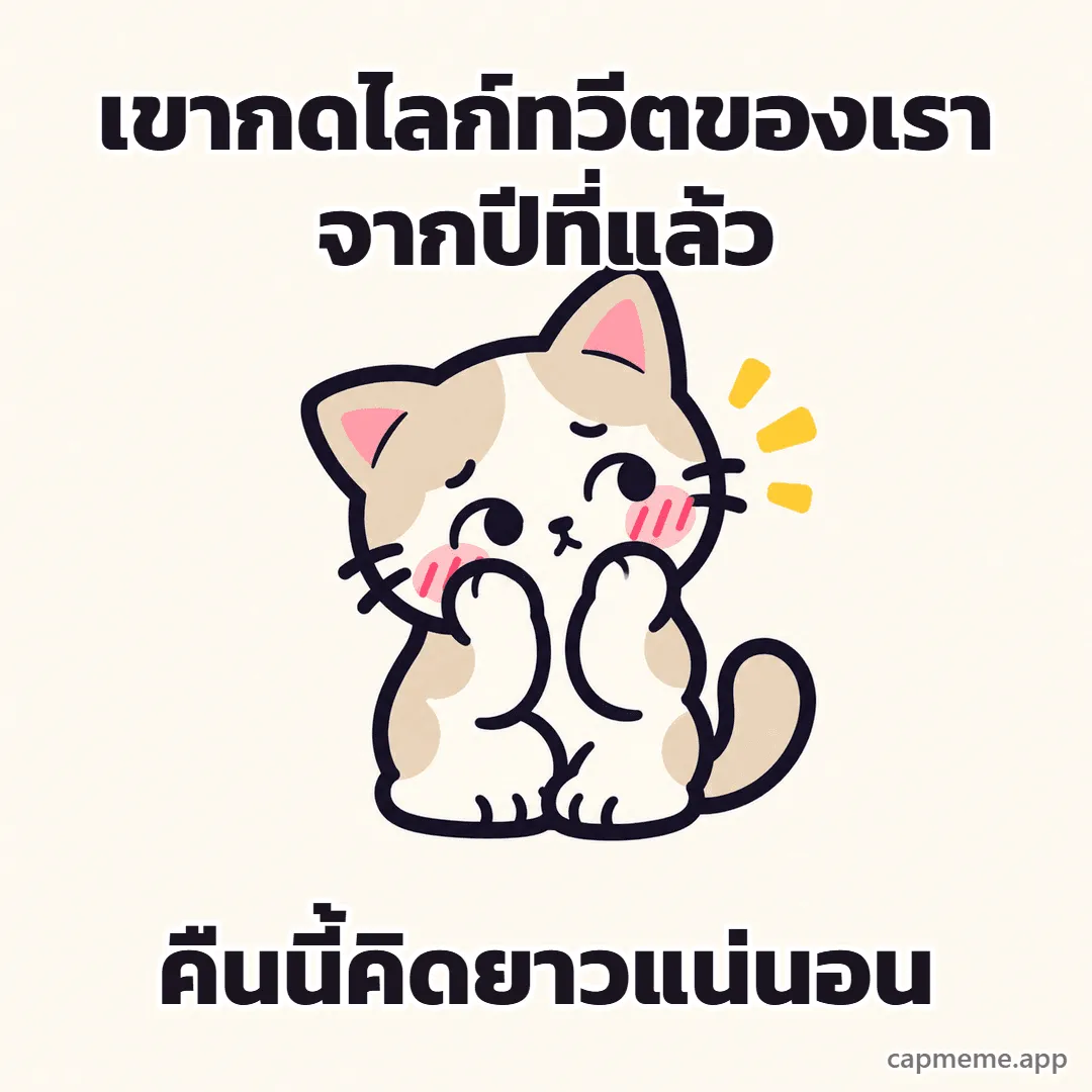 แมวนั่งเอาสองอุ้งเท้าแตะแก้มที่แดงระเรื่อ พร้อมข้อความว่า เขากดไลก์ทวีตของเราจากปีที่แล้ว คืนนี้คิดยาวแน่นอน