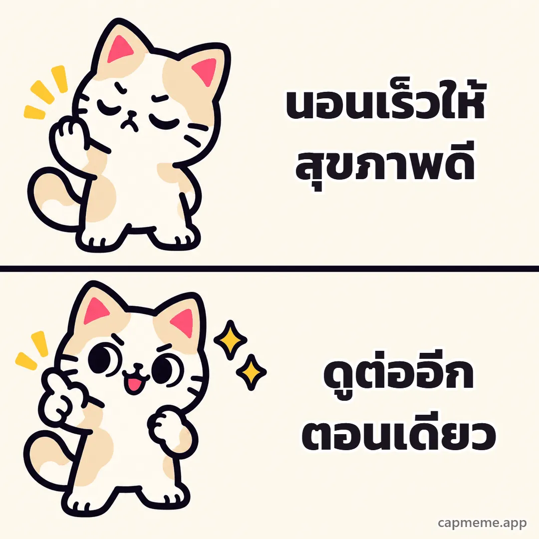 มีมสองช่อง ช่องบนแมวหลับตายกอุ้งเท้าปฏิเสธ ช่องล่างแมวยิ้มชี้นิ้วอย่างพอใจ พร้อมข้อความว่า นอนเร็วให้สุขภาพดี ดูต่ออีกตอนเดียว