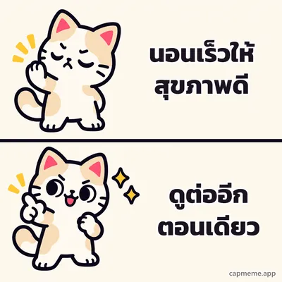 มีมสองช่อง ช่องบนแมวหลับตายกอุ้งเท้าปฏิเสธ ช่องล่างแมวยิ้มชี้นิ้วอย่างพอใจ พร้อมข้อความว่า นอนเร็วให้สุขภาพดี ดูต่ออีกตอนเดียว