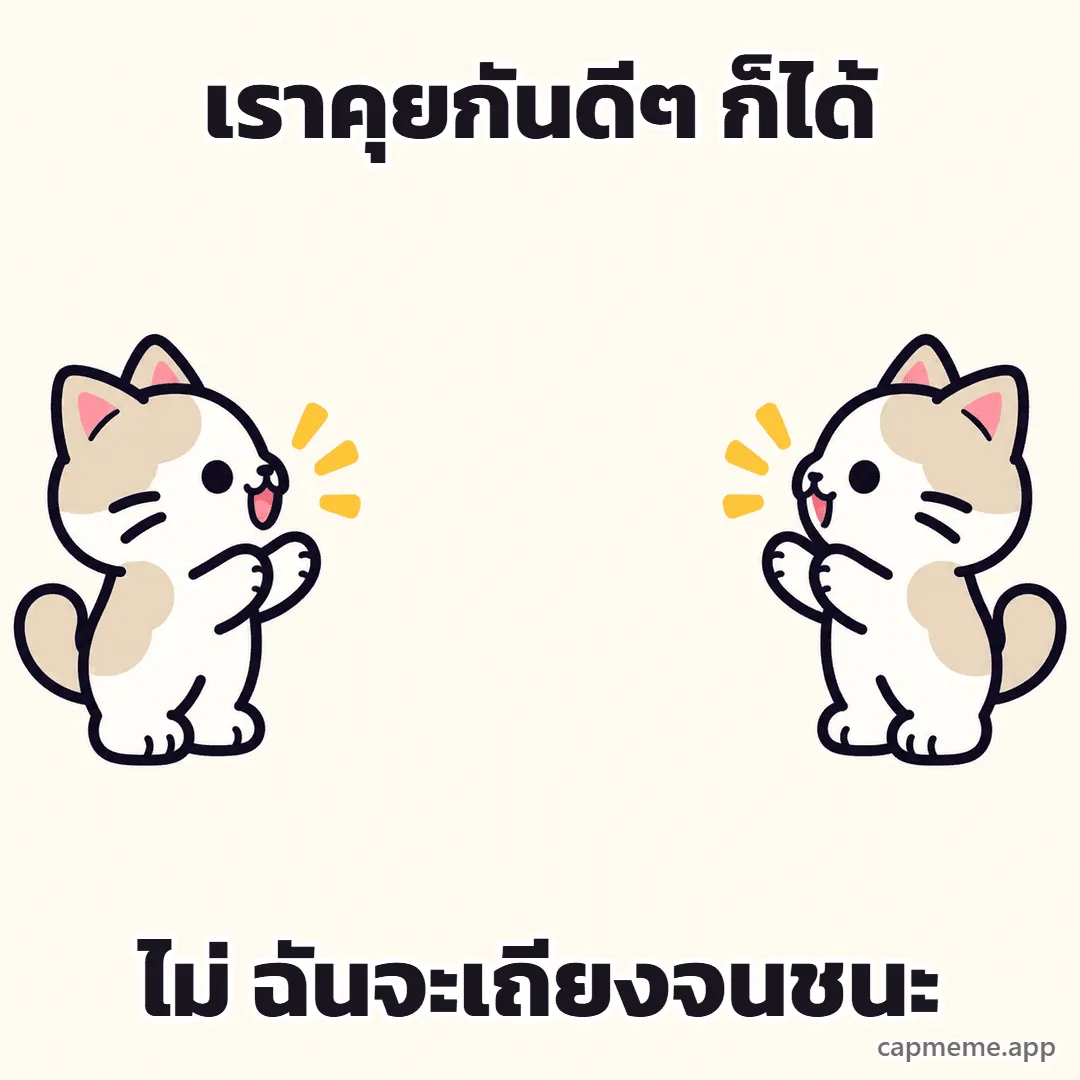 แมวสองตัวหันหน้าเข้าหากันคนละฝั่ง พร้อมข้อความว่า เราคุยกันดีๆ ก็ได้ ไม่ ฉันจะเถียงจนชนะ