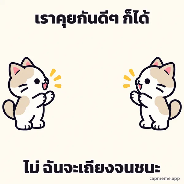 แมวสองตัวหันหน้าเข้าหากันคนละฝั่ง พร้อมข้อความว่า เราคุยกันดีๆ ก็ได้ ไม่ ฉันจะเถียงจนชนะ
