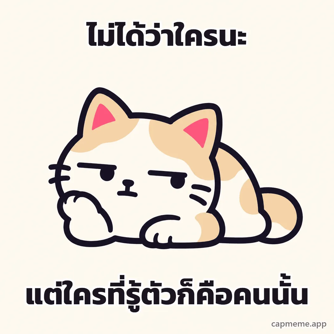 แมวหมอบทำหน้าเบื่อ ตาหรี่ ปากเบ้ พร้อมข้อความว่า ไม่ได้ว่าใครนะ แต่ใครที่รู้ตัวก็คือคนนั้น