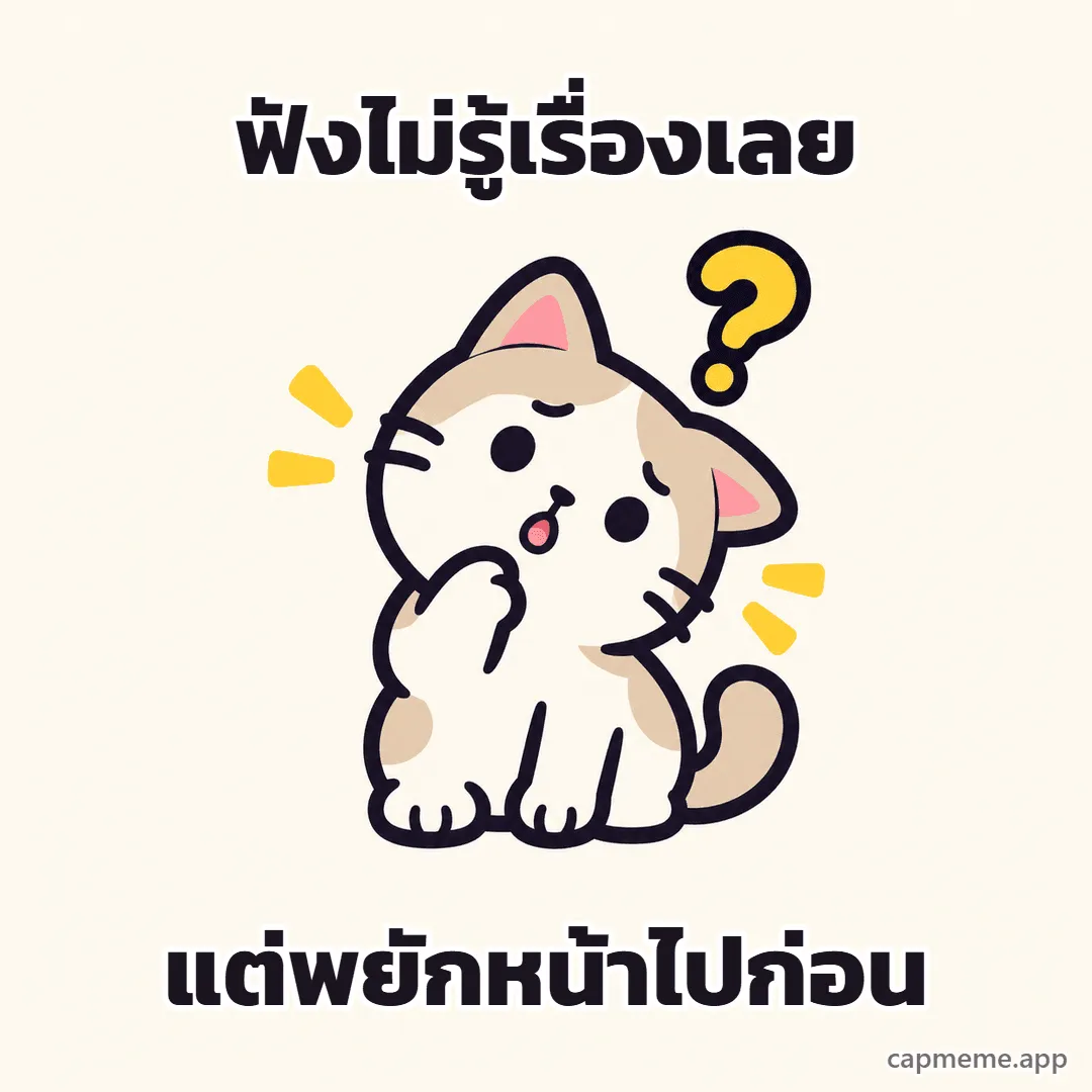 แมวนั่งเอียงคอแตะแก้ม มีเครื่องหมายคำถามลอยอยู่ พร้อมข้อความว่า ฟังไม่รู้เรื่องเลย แต่พยักหน้าไปก่อน