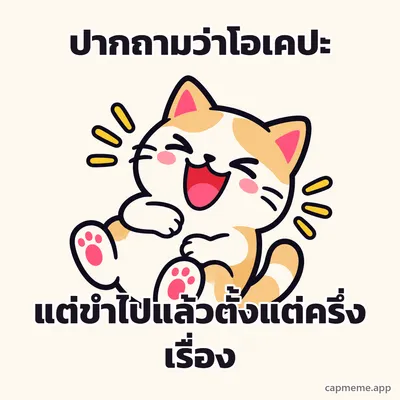 แมวหัวเราะหลับตา อ้าปากกว้าง ยกสองอุ้งเท้าขึ้น พร้อมข้อความว่า ปากถามว่าโอเคปะ แต่ขำไปแล้วตั้งแต่ครึ่งเรื่อง