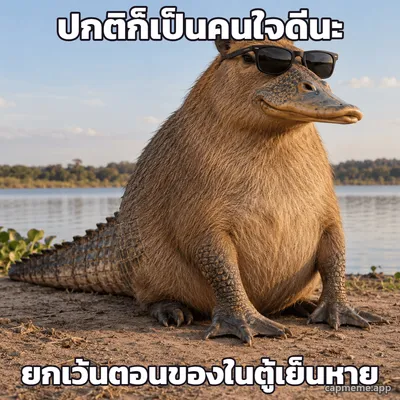 ภาพสัตว์ลูกผสมที่ไม่มีอยู่จริง ตัวเป็นคาปิบารา ปากกับหางกับเท้าเป็นจระเข้ ใส่แว่นกันแดด พร้อมข้อความว่า ปกติก็เป็นคนใจดีนะ ยกเว้นตอนของในตู้เย็นหาย