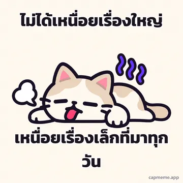 แมวนอนคว่ำแลบลิ้น มีเส้นหยักสีม่วงลอยเหนือหัว พร้อมข้อความว่า ไม่ได้เหนื่อยเรื่องใหญ่ เหนื่อยเรื่องเล็กที่มาทุกวัน