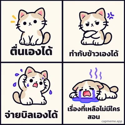 มีมสี่ช่อง แมวเสียอาการทีละขั้นจากปกติ เป็นหงุดหงิด เครียด แล้วร้องไห้ พร้อมข้อความว่า ตื่นเองได้ ทำกับข้าวเองได้ จ่ายบิลเองได้ เรื่องที่เหลือไม่มีใครสอน