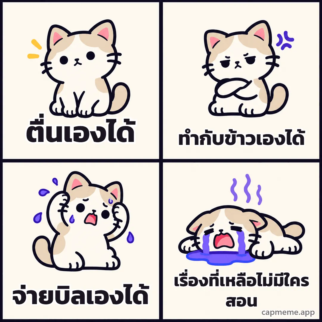 มีมสี่ช่อง แมวเสียอาการทีละขั้นจากปกติ เป็นหงุดหงิด เครียด แล้วร้องไห้ พร้อมข้อความว่า ตื่นเองได้ ทำกับข้าวเองได้ จ่ายบิลเองได้ เรื่องที่เหลือไม่มีใครสอน