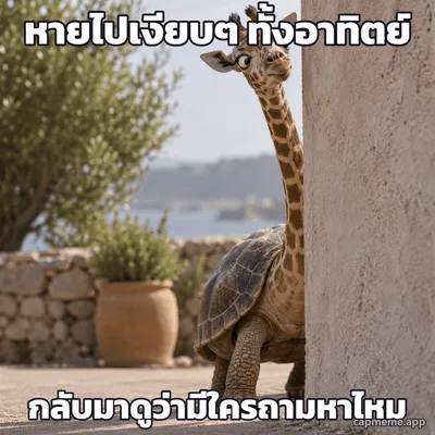 ภาพสัตว์ลูกผสมที่ไม่มีอยู่จริง หัวกับคอเป็นยีราฟ ตัวเป็นเต่า โผล่หน้าออกมาจากมุมกำแพง พร้อมข้อความว่า หายไปเงียบๆ ทั้งอาทิตย์ กลับมาดูว่ามีใครถามหาไหม