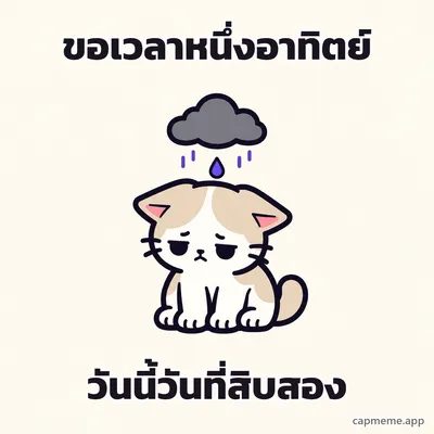 แมวนั่งก้มหน้าอยู่ใต้ก้อนเมฆฝนสีเทา พร้อมข้อความว่า ขอเวลาหนึ่งอาทิตย์ วันนี้วันที่สิบสอง