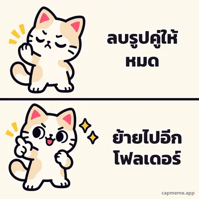 มีมสองช่อง ช่องบนแมวหลับตายกอุ้งเท้าปฏิเสธ ช่องล่างแมวยิ้มชี้นิ้วอย่างพอใจ พร้อมข้อความว่า ลบรูปคู่ให้หมด ย้ายไปอีกโฟลเดอร์