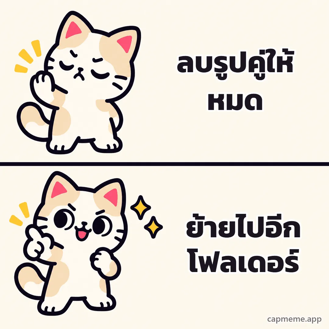 มีมสองช่อง ช่องบนแมวหลับตายกอุ้งเท้าปฏิเสธ ช่องล่างแมวยิ้มชี้นิ้วอย่างพอใจ พร้อมข้อความว่า ลบรูปคู่ให้หมด ย้ายไปอีกโฟลเดอร์