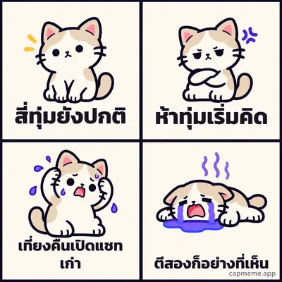 มีมสี่ช่อง แมวเสียอาการทีละขั้นจากปกติ เป็นหงุดหงิด เครียด แล้วร้องไห้ พร้อมข้อความว่า สี่ทุ่มยังปกติ ห้าทุ่มเริ่มคิด เที่ยงคืนเปิดแชทเก่า ตีสองก็อย่างที่เห็น