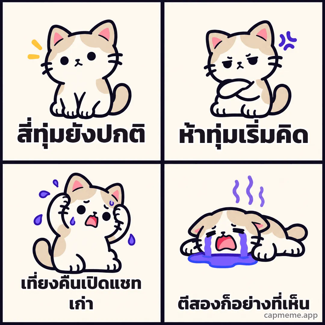 มีมสี่ช่อง แมวเสียอาการทีละขั้นจากปกติ เป็นหงุดหงิด เครียด แล้วร้องไห้ พร้อมข้อความว่า สี่ทุ่มยังปกติ ห้าทุ่มเริ่มคิด เที่ยงคืนเปิดแชทเก่า ตีสองก็อย่างที่เห็น
