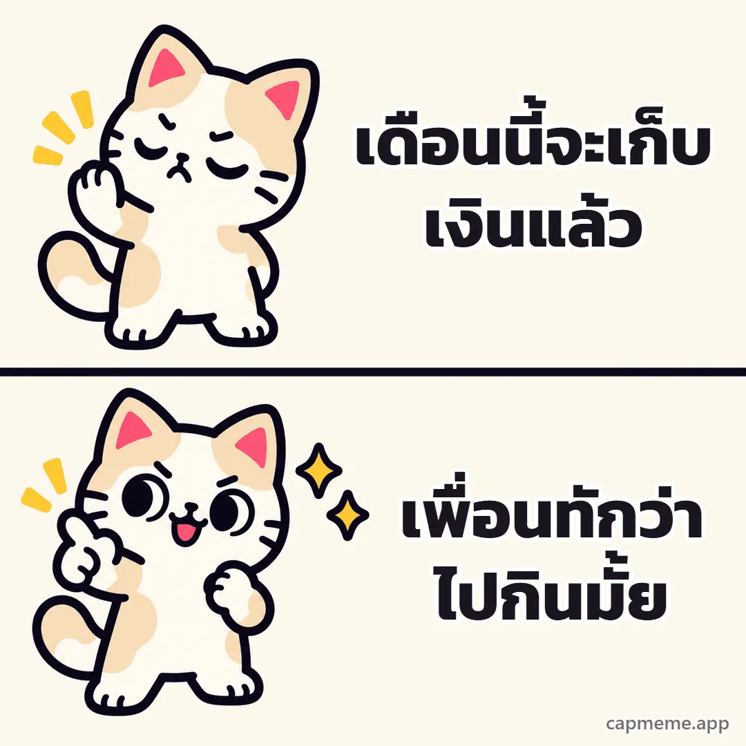 มีมสองช่อง ช่องบนแมวหลับตายกอุ้งเท้าปฏิเสธ ช่องล่างแมวยิ้มชี้นิ้วอย่างพอใจ พร้อมข้อความว่า เดือนนี้จะเก็บเงินแล้ว เพื่อนทักว่าไปกินมั้ย