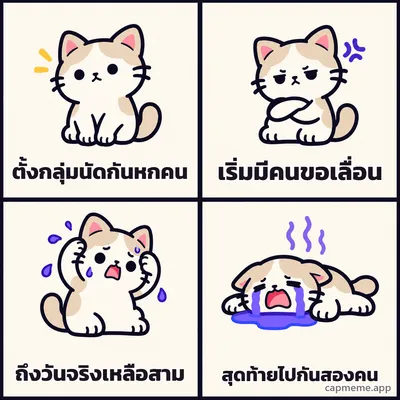 มีมสี่ช่อง แมวเสียอาการทีละขั้นจากปกติ เป็นหงุดหงิด เครียด แล้วร้องไห้ พร้อมข้อความว่า ตั้งกลุ่มนัดกันหกคน เริ่มมีคนขอเลื่อน ถึงวันจริงเหลือสาม สุดท้ายไปกันสองคน