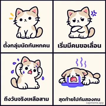 มีมสี่ช่อง แมวเสียอาการทีละขั้นจากปกติ เป็นหงุดหงิด เครียด แล้วร้องไห้ พร้อมข้อความว่า ตั้งกลุ่มนัดกันหกคน เริ่มมีคนขอเลื่อน ถึงวันจริงเหลือสาม สุดท้ายไปกันสองคน