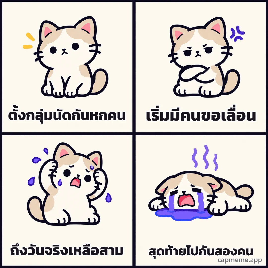 มีมสี่ช่อง แมวเสียอาการทีละขั้นจากปกติ เป็นหงุดหงิด เครียด แล้วร้องไห้ พร้อมข้อความว่า ตั้งกลุ่มนัดกันหกคน เริ่มมีคนขอเลื่อน ถึงวันจริงเหลือสาม สุดท้ายไปกันสองคน