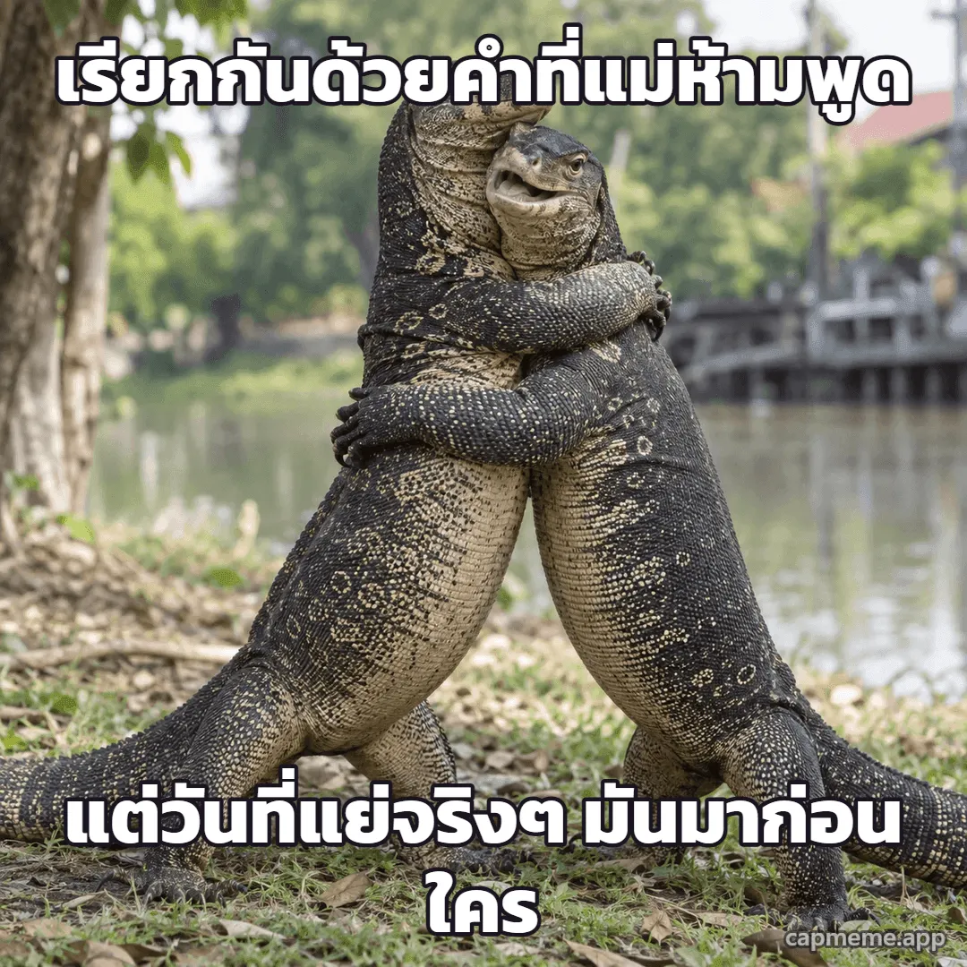 ภาพถ่ายตัวเงินตัวทองสองตัวยืนกอดกันริมคลอง ตัวหนึ่งอ้าปากเหมือนดีใจ พร้อมข้อความว่า เรียกกันด้วยคำที่แม่ห้ามพูด แต่วันที่แย่จริงๆ มันมาก่อนใคร