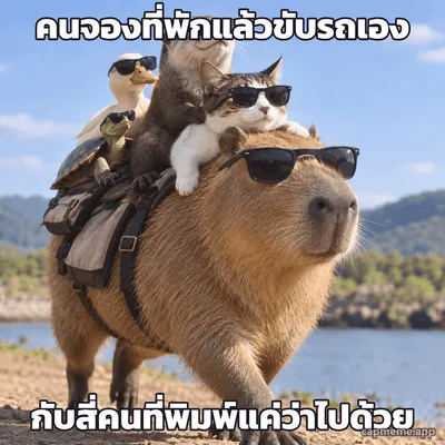 ภาพคาปิบาราใส่แว่นกันแดดเดินแบกเต่า เป็ด นาก และแมว ที่ใส่แว่นกันแดดเหมือนกันไว้บนหลัง พร้อมข้อความว่า คนจองที่พักแล้วขับรถเอง กับสี่คนที่พิมพ์แค่ว่าไปด้วย