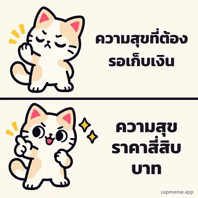 มีมสองช่อง ช่องบนแมวหลับตายกอุ้งเท้าปฏิเสธ ช่องล่างแมวยิ้มชี้นิ้วอย่างพอใจ พร้อมข้อความว่า ความสุขที่ต้องรอเก็บเงิน ความสุขราคาสี่สิบบาท
