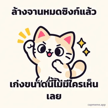 แมวยืนชูอุ้งเท้าขึ้นข้างหนึ่งอย่างภูมิใจ พร้อมข้อความว่า ล้างจานหมดซิงก์แล้ว เก่งขนาดนี้ไม่มีใครเห็นเลย