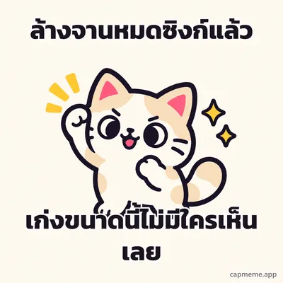 แมวยืนชูอุ้งเท้าขึ้นข้างหนึ่งอย่างภูมิใจ พร้อมข้อความว่า ล้างจานหมดซิงก์แล้ว เก่งขนาดนี้ไม่มีใครเห็นเลย