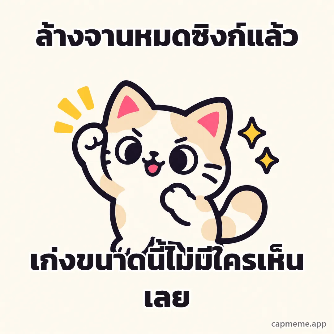 แมวยืนชูอุ้งเท้าขึ้นข้างหนึ่งอย่างภูมิใจ พร้อมข้อความว่า ล้างจานหมดซิงก์แล้ว เก่งขนาดนี้ไม่มีใครเห็นเลย