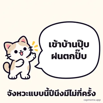 แมวยืนยกอุ้งเท้าข้างบอลลูนคำพูดใบใหญ่ พร้อมข้อความว่า เข้าบ้านปุ๊บฝนตกปั๊บ จังหวะแบบนี้ปีนึงมีไม่กี่ครั้ง
