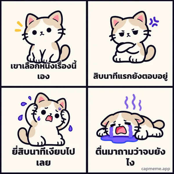 มีมสี่ช่อง แมวเสียอาการทีละขั้นจากปกติ เป็นหงุดหงิด เครียด แล้วร้องไห้ พร้อมข้อความว่า เขาเลือกหนังเรื่องนี้เอง สิบนาทีแรกยังตอบอยู่ ยี่สิบนาทีเงียบไปเลย ตื่นมาถามว่าจบยังไง