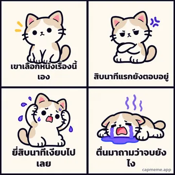 มีมสี่ช่อง แมวเสียอาการทีละขั้นจากปกติ เป็นหงุดหงิด เครียด แล้วร้องไห้ พร้อมข้อความว่า เขาเลือกหนังเรื่องนี้เอง สิบนาทีแรกยังตอบอยู่ ยี่สิบนาทีเงียบไปเลย ตื่นมาถามว่าจบยังไง