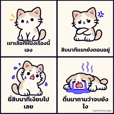 มีมสี่ช่อง แมวเสียอาการทีละขั้นจากปกติ เป็นหงุดหงิด เครียด แล้วร้องไห้ พร้อมข้อความว่า เขาเลือกหนังเรื่องนี้เอง สิบนาทีแรกยังตอบอยู่ ยี่สิบนาทีเงียบไปเลย ตื่นมาถามว่าจบยังไง