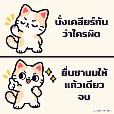 มีมสองช่อง ช่องบนแมวหลับตายกอุ้งเท้าปฏิเสธ ช่องล่างแมวยิ้มชี้นิ้วอย่างพอใจ พร้อมข้อความว่า นั่งเคลียร์กันว่าใครผิด ยื่นชานมให้แก้วเดียวจบ