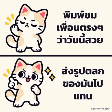 มีมสองช่อง ช่องบนแมวหลับตายกอุ้งเท้าปฏิเสธ ช่องล่างแมวยิ้มชี้นิ้วอย่างพอใจ พร้อมข้อความว่า พิมพ์ชมเพื่อนตรงๆ ว่าวันนี้สวย ส่งรูปตลกของมันไปแทน