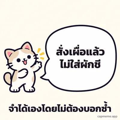 แมวยืนยกอุ้งเท้าข้างบอลลูนคำพูดใบใหญ่ พร้อมข้อความว่า สั่งเผื่อแล้ว ไม่ใส่ผักชี จำได้เองโดยไม่ต้องบอกซ้ำ