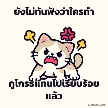 แมวยืนขู่อ้าปากโกรธ มีสัญลักษณ์โมโหลอยข้างหัว พร้อมข้อความว่า ยังไม่ทันฟังว่าใครทำ กูโกรธแทนไปเรียบร้อยแล้ว