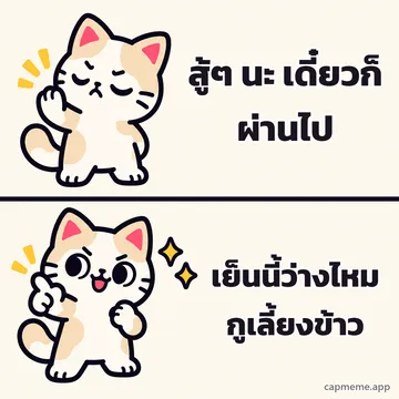 มีมสองช่อง ช่องบนแมวหลับตายกอุ้งเท้าปฏิเสธ ช่องล่างแมวยิ้มชี้นิ้วอย่างพอใจ พร้อมข้อความว่า สู้ๆ นะ เดี๋ยวก็ผ่านไป เย็นนี้ว่างไหม กูเลี้ยงข้าว