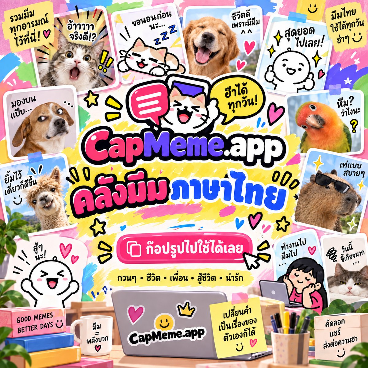 CapMeme.app คลังมีมภาษาไทย รวมมีมแมว หมา นกแก้ว ลามะ คาปิบารา และตัวการ์ตูนลายเส้น พร้อมปุ่มก๊อปรูปไปใช้ได้เลย